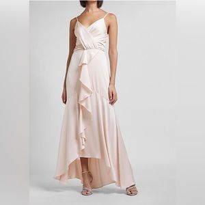 Satin ruffle wrap hi-lo maxi dress